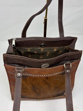 American West Leather Hair On Hide Tote Western Purse Studded Brown Bag